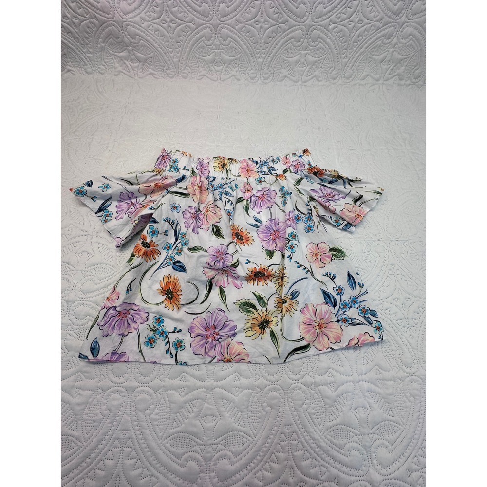 Crown & Ivy Multi Floral Off Shoulder Smocked Blouse Top White Purple Size M